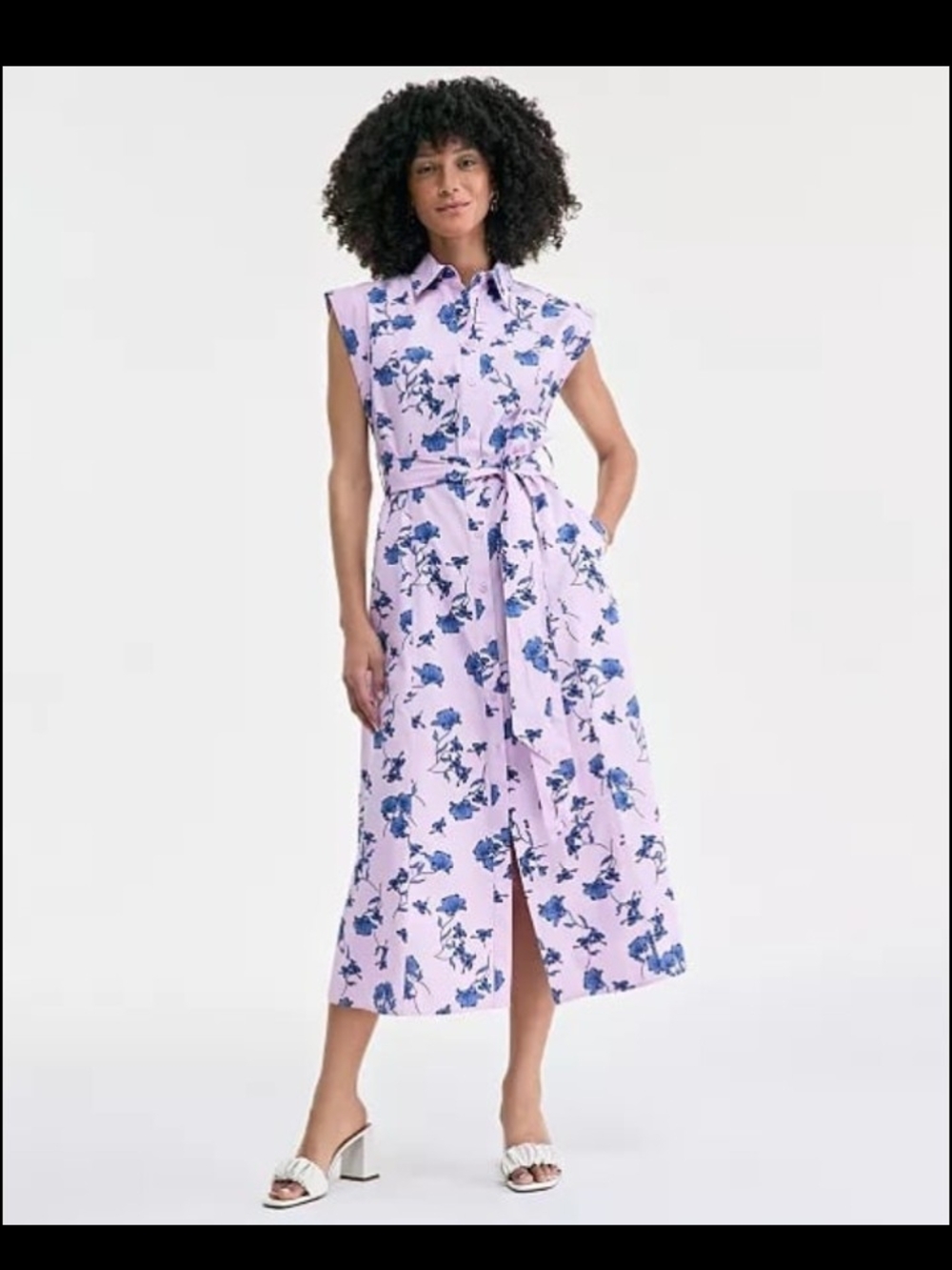 Sleeveless Pink Floral Midi Shirt Dress with Self Tie
